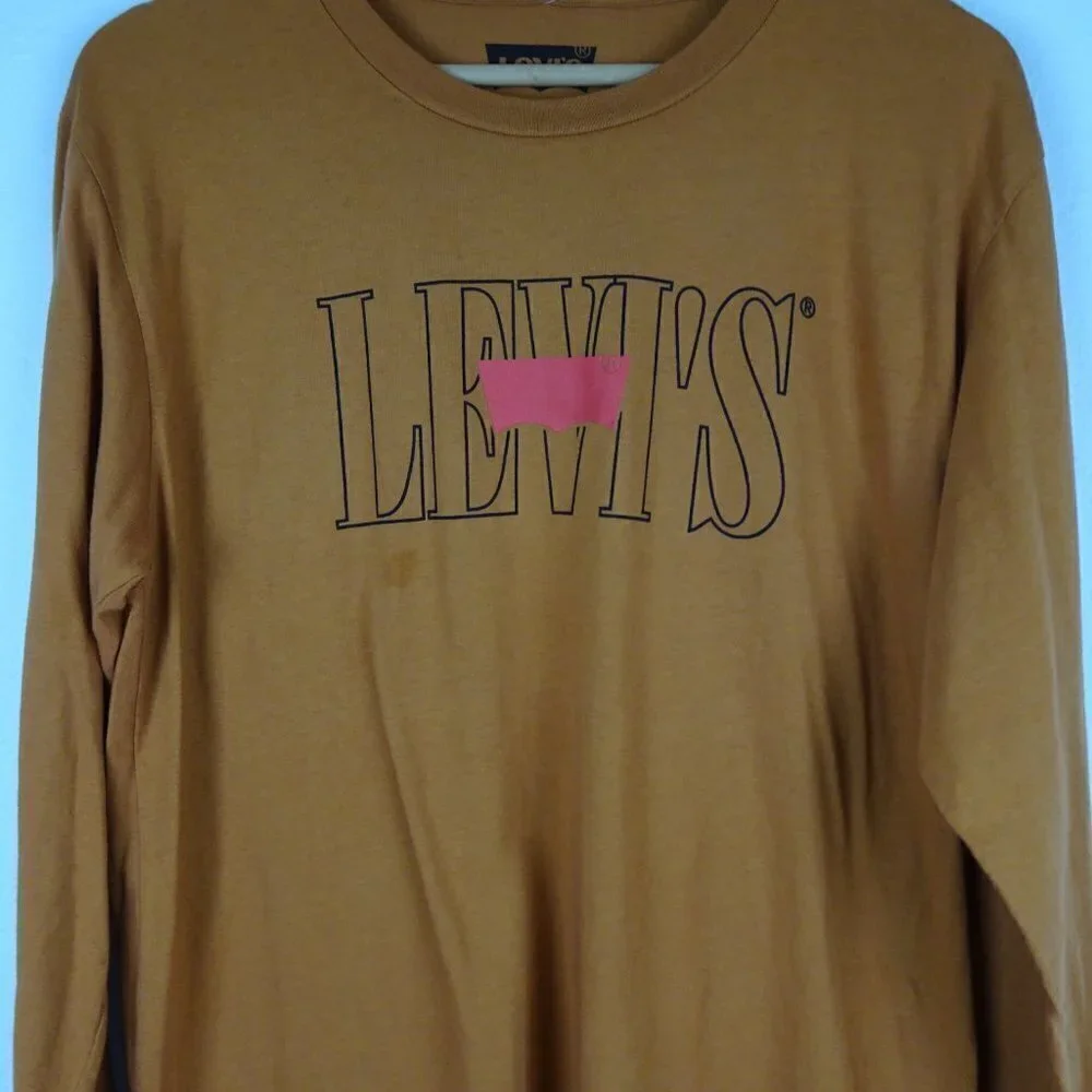 Levi's Long Sleeve T-Shirt Men's Size M Brown Spell Out Logo Flawed Read Descr